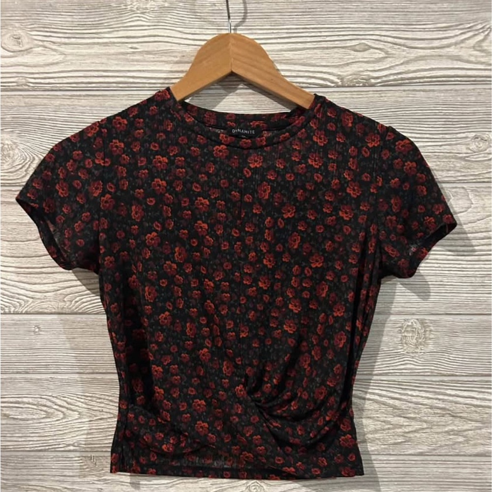 Dynamite Black and Red Floral Short Sleeve Top